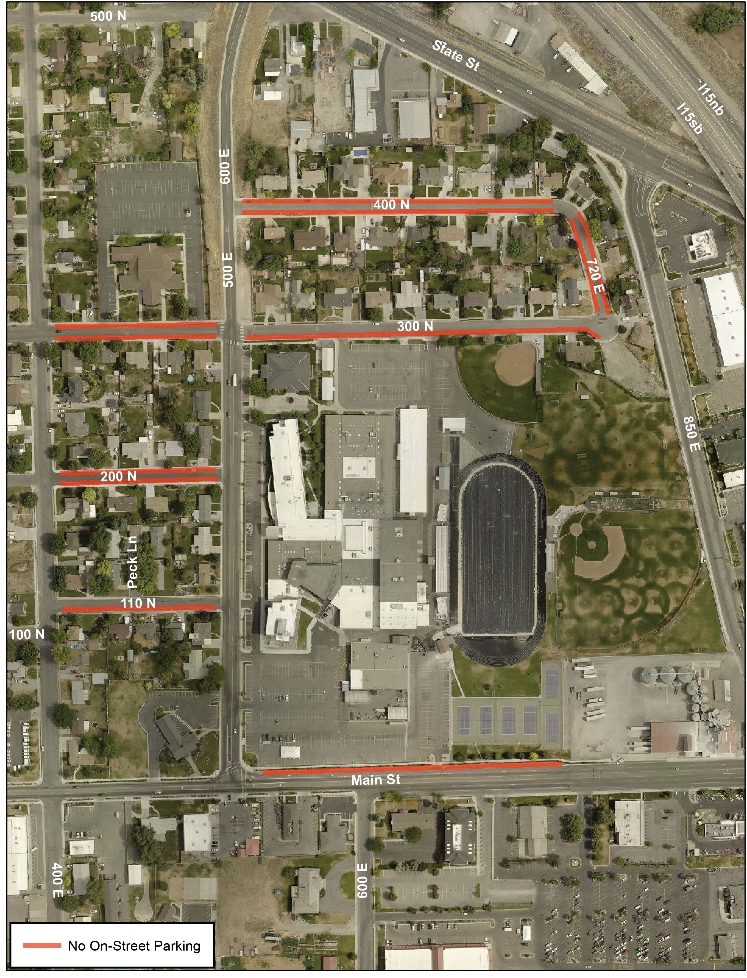 Area around high school that would be affected by city ordinance.