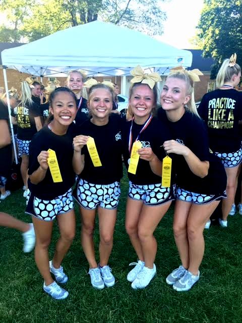 Nina Sengpaseuth, Rylie Anderson, Maggie Rowland and Melissa Belnap became stunt champions at camp by performing a stunt sequence perfectly in every round of competition. Photo courtesy of Ciera Stanley