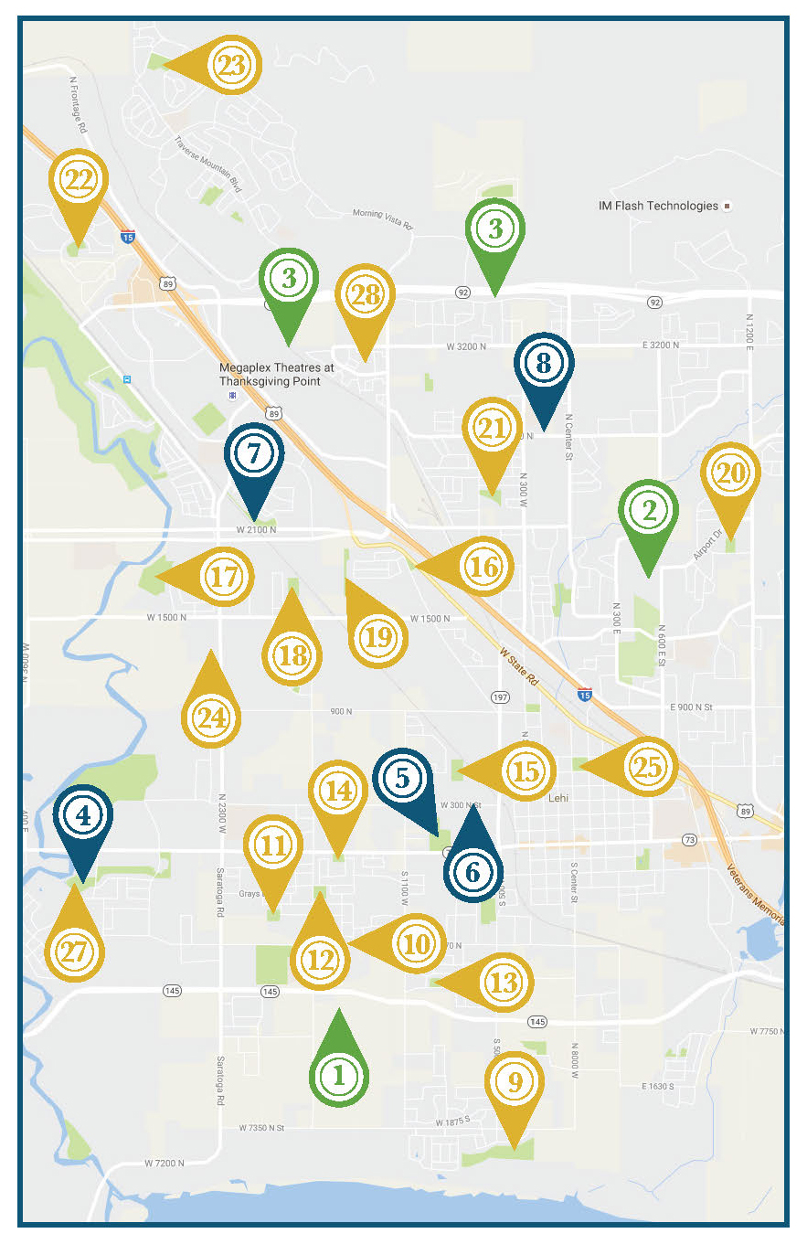 Map of Lehi, indicating park projects and improvements. Item 1 is Mellor-Rhodes Park, Item 2 is Peck Park. Item 3 is the area for trail improvements near Traverse Ridge. Courtesy Lehi City